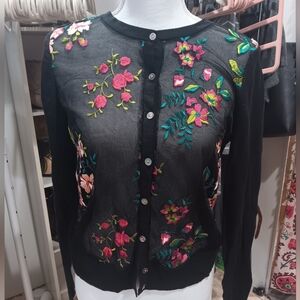 A New Day size SMALL BLACK SHEER floral LONG SLEEVED EMBROIDERED CARDIGAN